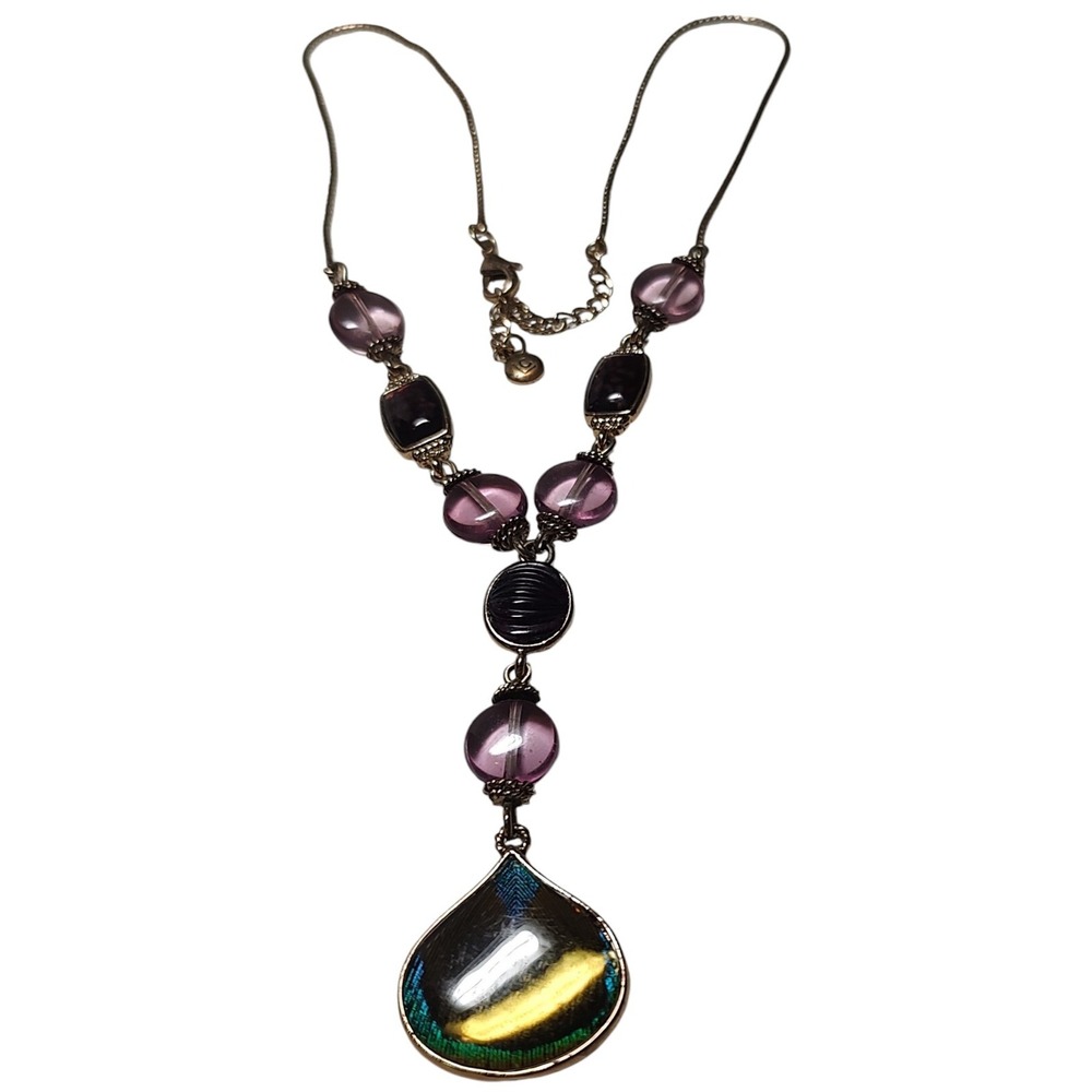 Liz Claiborne Signed Necklace Statement Purple Blue Beaded Gold Tone 18 to 20 In